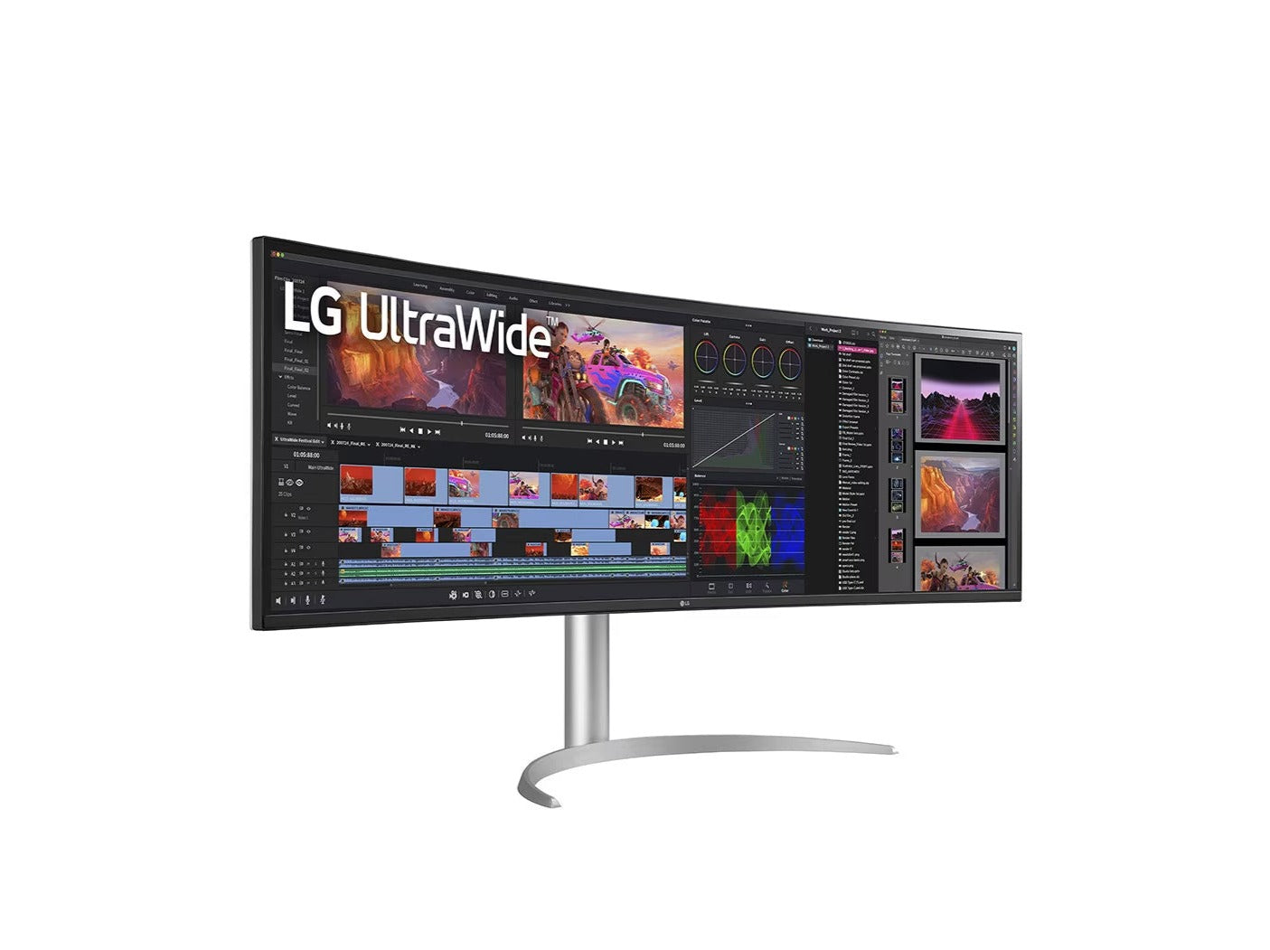 LG 49WQ95X-W UltraWide 32:9 monitor előlnézetben talpon, jobbra fordítva. A kijelzőn videó vágó szoftver pillanatkép.