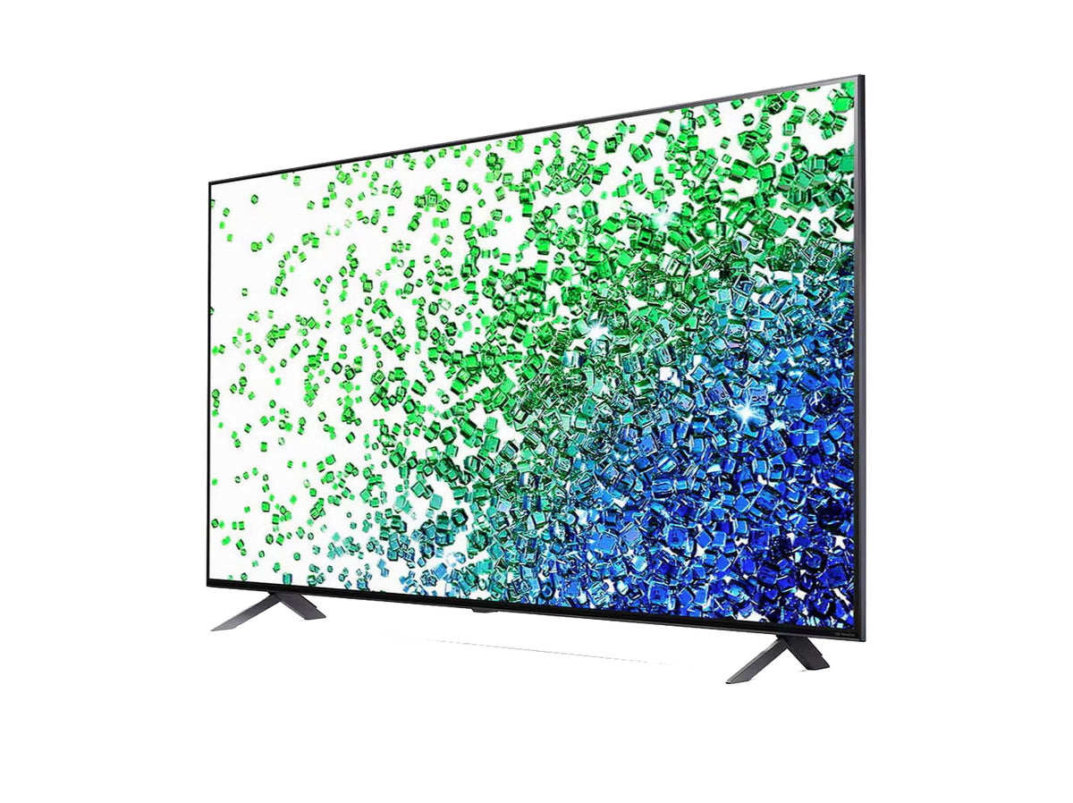 LG 50NANO803PA 4K Smart TV előlnézetben enyhén balra fordítva, talpon. A kijelzőn zöld és kék drágakövek szétszórva.