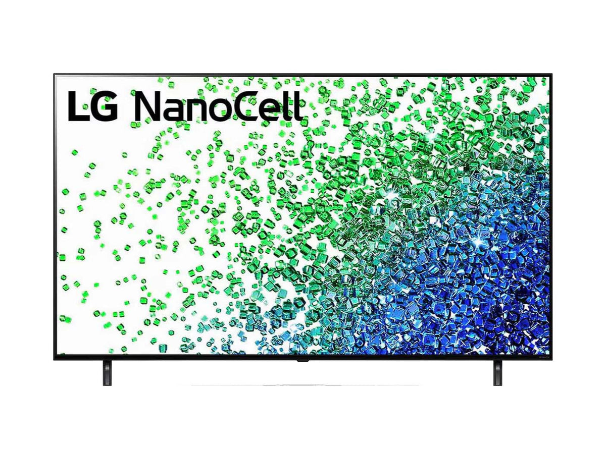 LG 50NANO803PA 4K Smart TV előlnézetben, talpon. A kijelzőn zöld és kék drágakövek szétszórva.
