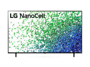 LG 50NANO803PA 4K Smart TV előlnézetben, talpon. A kijelzőn zöld és kék drágakövek szétszórva.