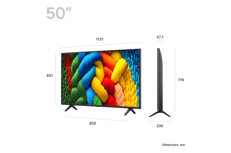LG 50NANO80A televízió méretei mm-ben.