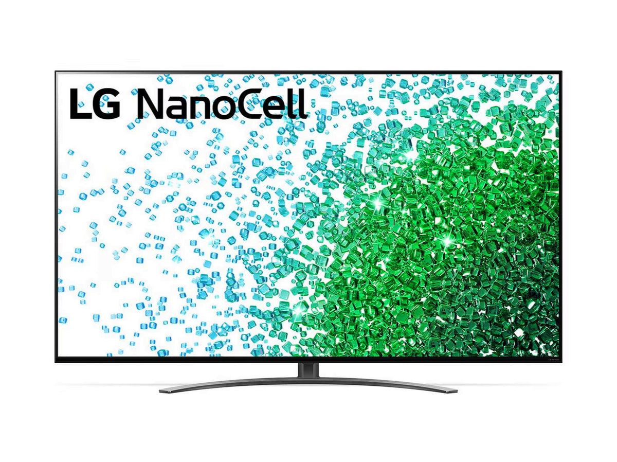 LG 50NANO813PA 4K Smart TV előlnézetben, talpon. A kijelzőn zöld és kék drágakövek szétszórva.