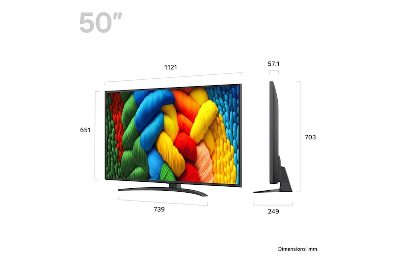 LG 50NANO81A televízió méretei mm-ben.