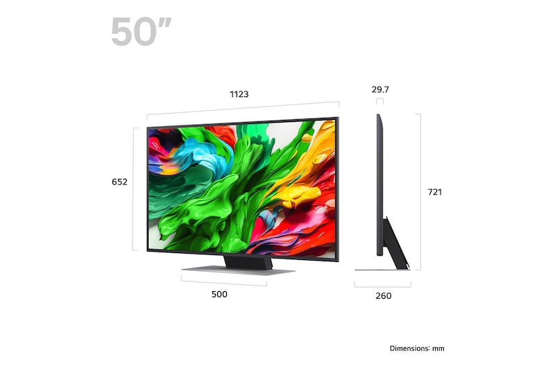 LG 50QNED86A televízió méretei mm-ben.