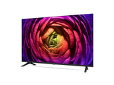 LG 50UR7300 Smart TV előlnézetben, enyhén balra fordítva. A kijelzőn színes rózsavirággal.
