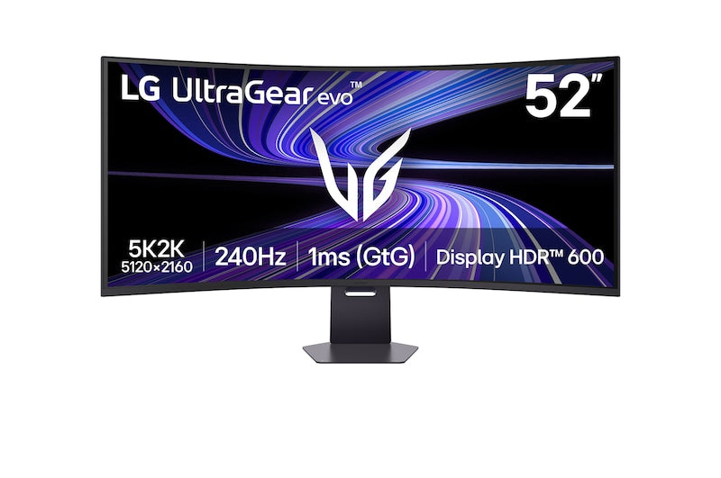 LG 52G930B Monitor előlnézetben talpon. A kijelzőn lilás kék absztrakt ábra és a fontosabb paraméterei.