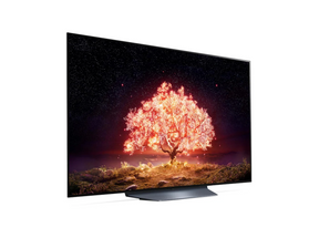 LG 55B1 OLED televízió előlnézetben obbra fordítva talpon, a kijelzőn csillagos égbolt és narancssárgán világító fa.