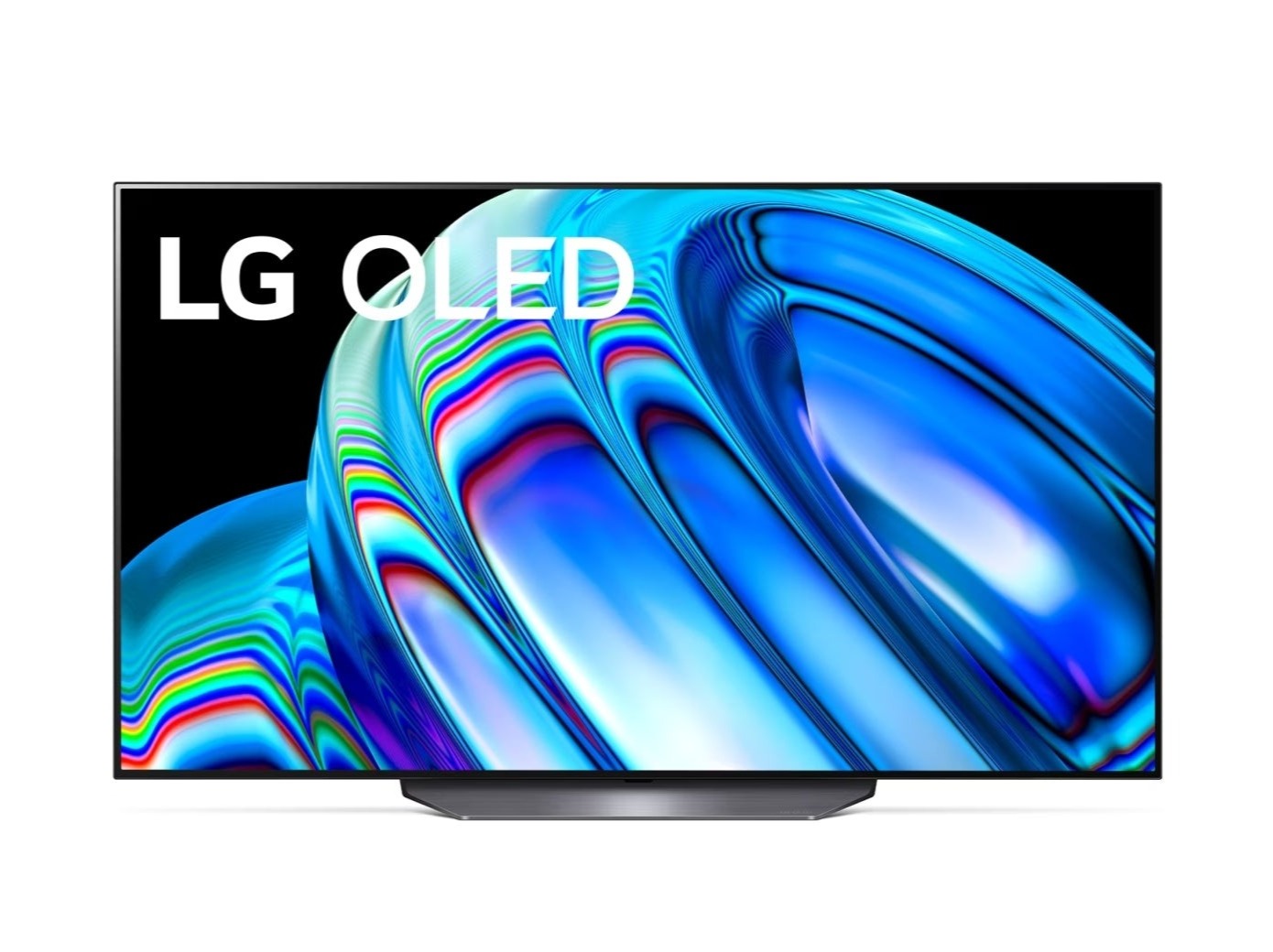 LG 55B2 OLED televízió előlnézetben talpon, a kijelzőn metál kék absztrakt ábra és lg oled logó.