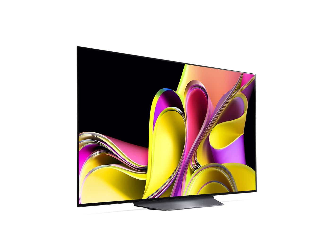 Az LG 55B3 oled evo televízió talpon, enyhén jobbra fodítva lilás sárga árnyalatú absztrakt ábra a kijelzőn.