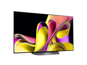 Az LG 55B3 oled evo televízió talpon, enyhén jobbra fodítva lilás sárga árnyalatú absztrakt ábra a kijelzőn.