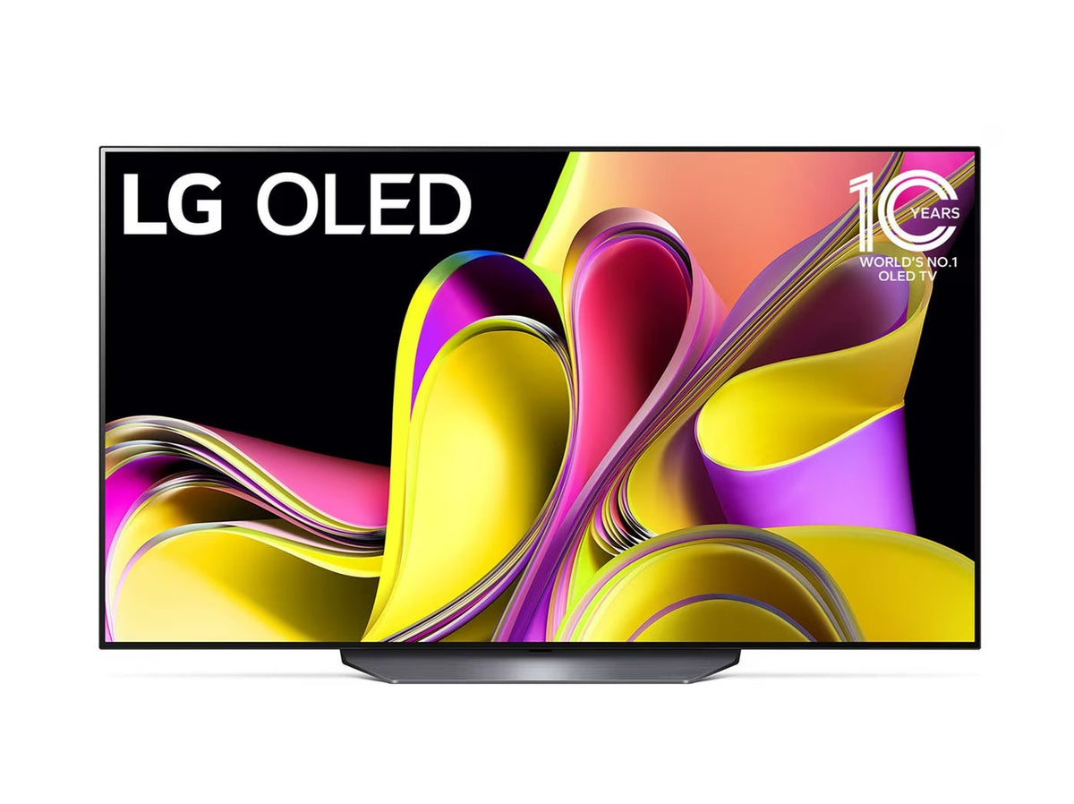 Az LG 55B3 oled evo televízió talpon, sárga árnyalatú absztrakt ábra és 10 éves évforduló lg oled logó a kijelzőn.