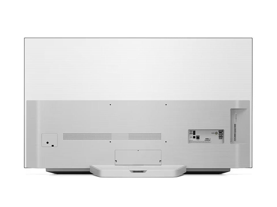 LG 55C1 OLED fehér színű televízió hátulnézetben talpon.