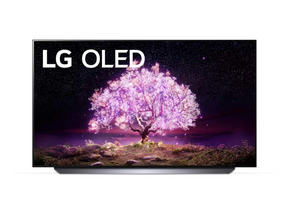 LG 55C1 OLED televízió előlnézetben talpon, a kijelzőn csillagos égbolt és rózsaszínben világító fa, oled logóval.