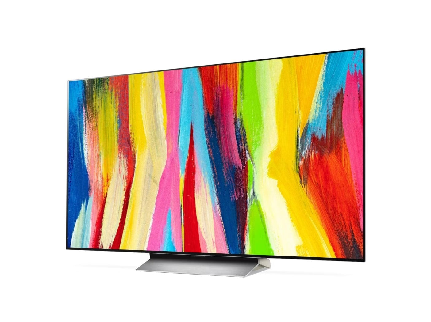 LG 55C2 OLED EVO televízió előlnézetben enyhén balra fordítva talpon, a kijelzőn színes festmény.