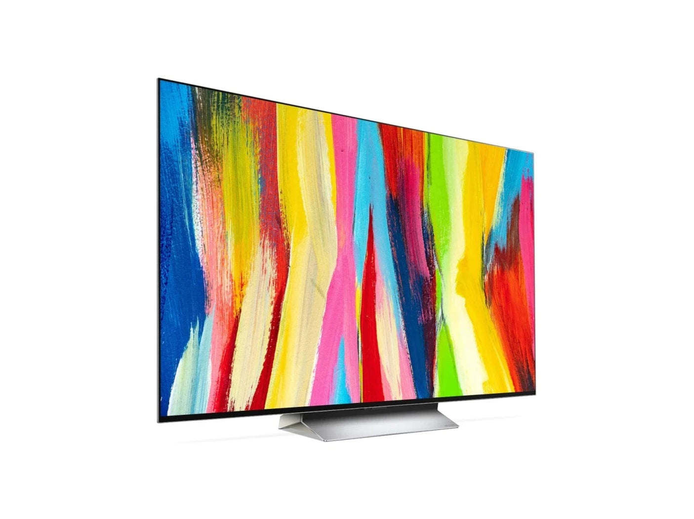 LG 55C2 OLED EVO televízió előlnézetben jobbra fordítva talpon, a kijelzőn színes festmény.