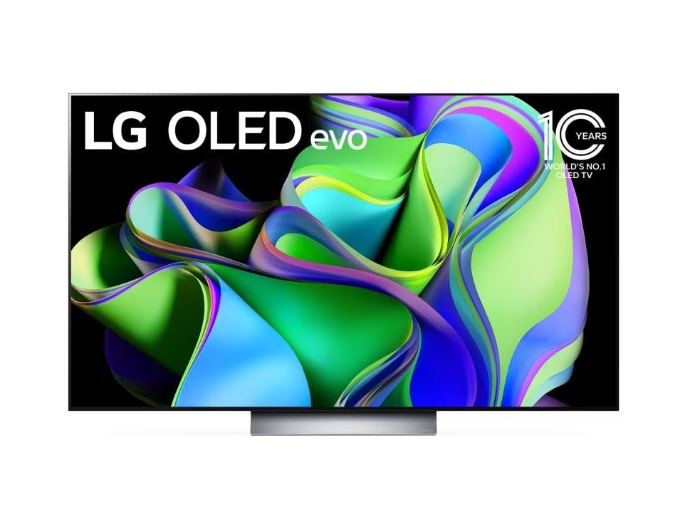 LG 55C3 oled evo televízió talpon előlnézetben, kékes zöld árnyalatú absztrakt ábra és 10 éves az lg oled evo logó a kijelzőn