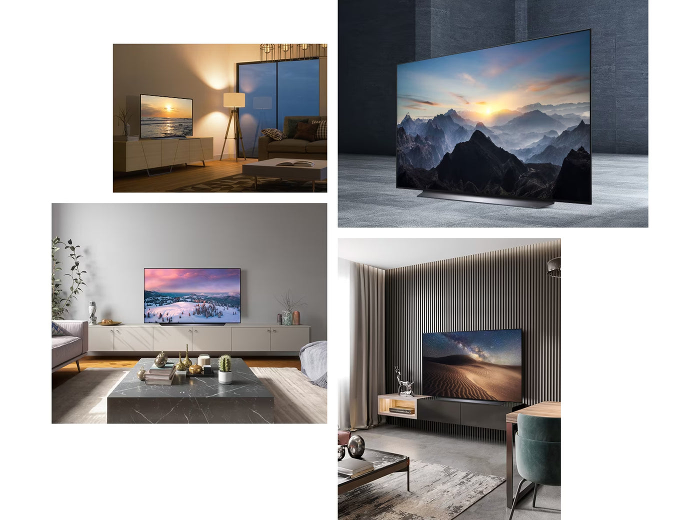 LG 55CS OLED Televízió formatervezése különböző otthoni és üzleti környezetben bemutatva.