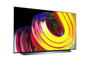 LG 55CS oled televízió talpon, enyhén jobbra fodítva lilás sárga árnyalatú absztrakt ábra a kijelzőn.