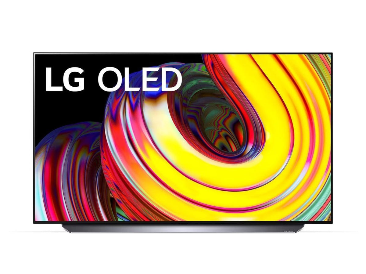 LG 55CS oled televízió talpon, sárga árnyalatú absztrakt ábra és lg oled logó a kijelzőn.