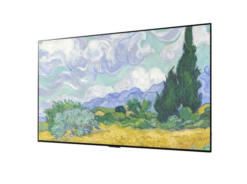 LG 55G1 OLED EVO televízió előlnézetben enyhén balra fordítva, a kijelzőn festmény tájképpel.