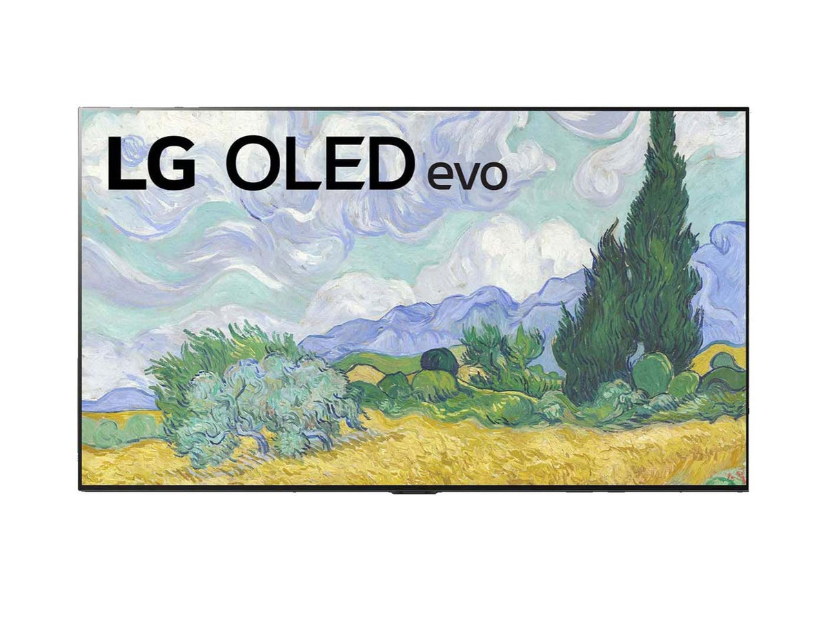 LG 55G1 televízió előlnézetben lg oled evo logóval, a kijelzőn festmény tájképpel.