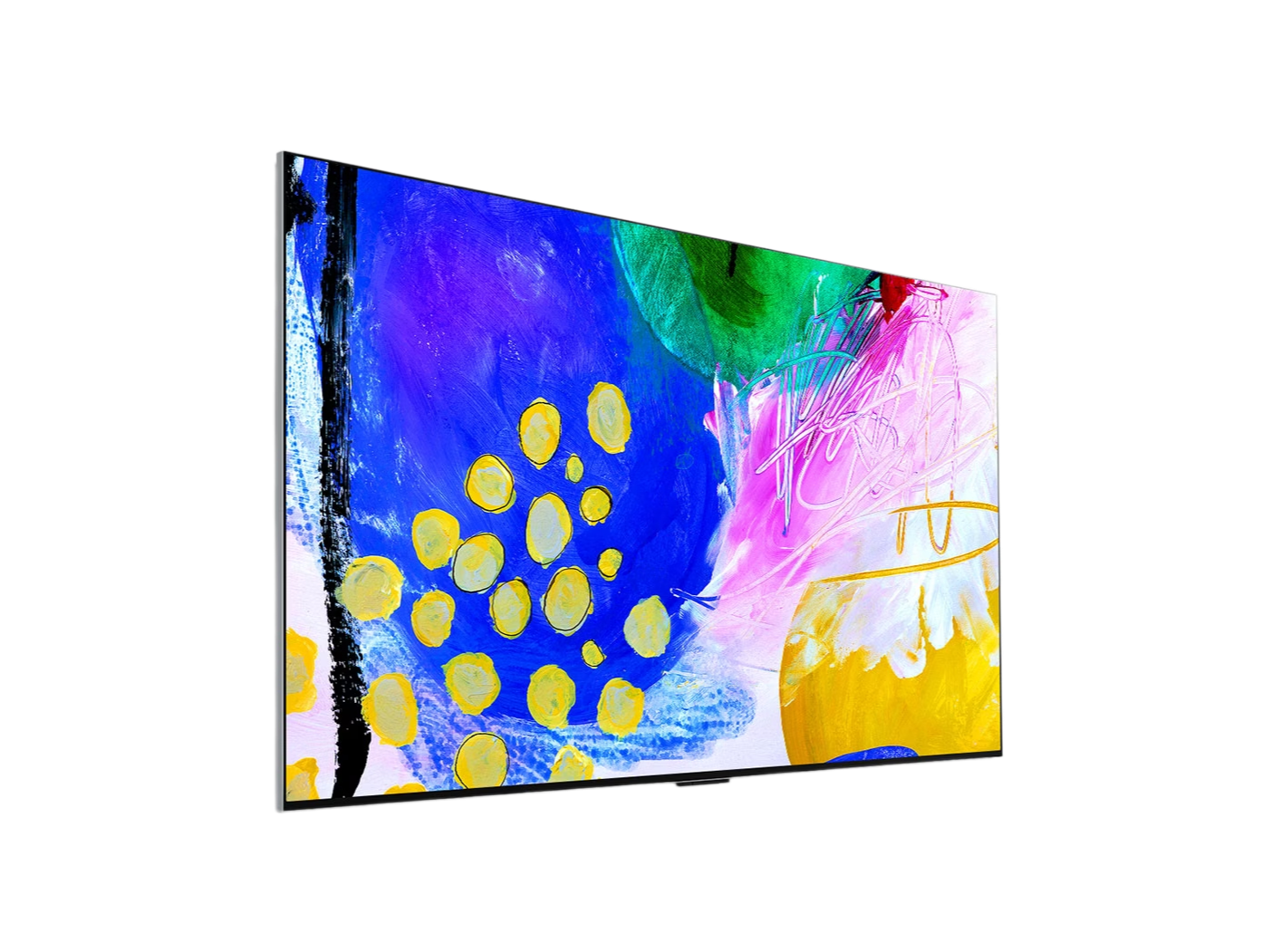 LG 55G2 OLED evo televízió előlnézetben jobbra fordítva, a kijelzőn színes festmény.