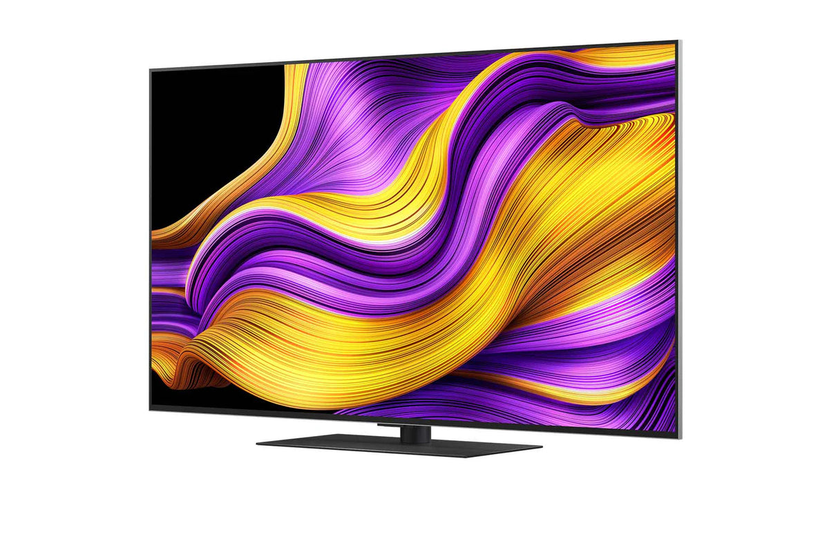 LG 55G5 OLED Televízió előlnézetben, talpon. A kijelzőn sárgás lila absztrakt ábra.