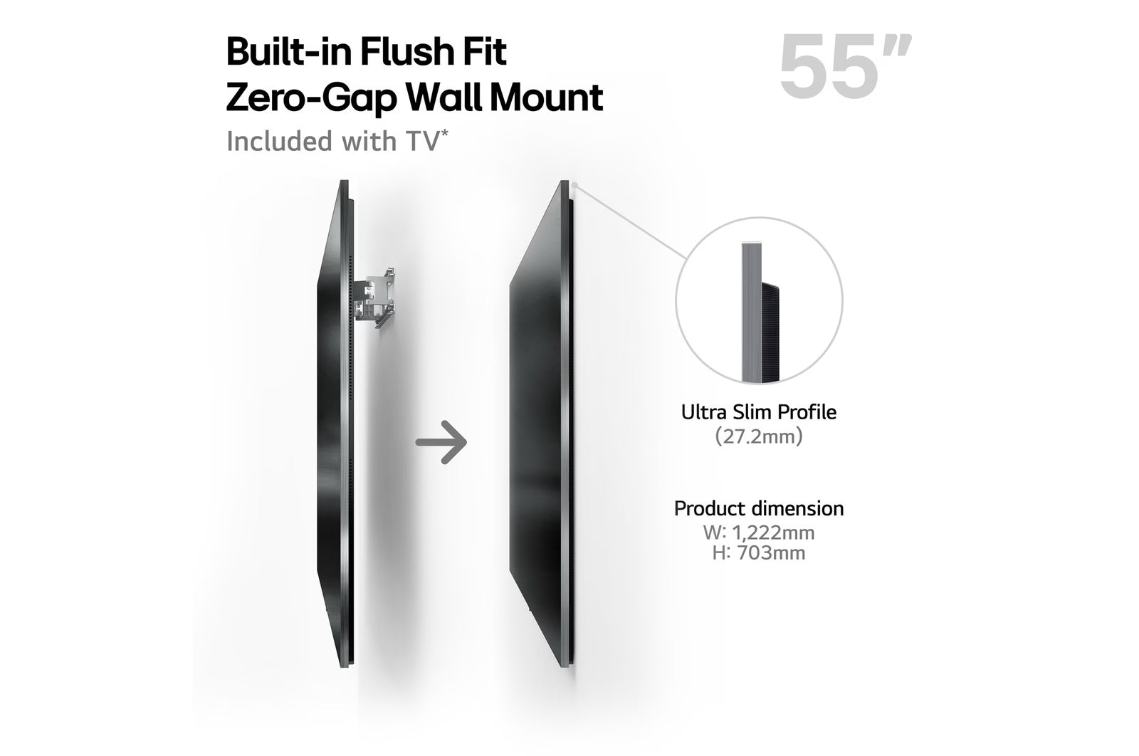 LG 55G5 OLED Televízió fali konzolos változat méretei mm-ben.
