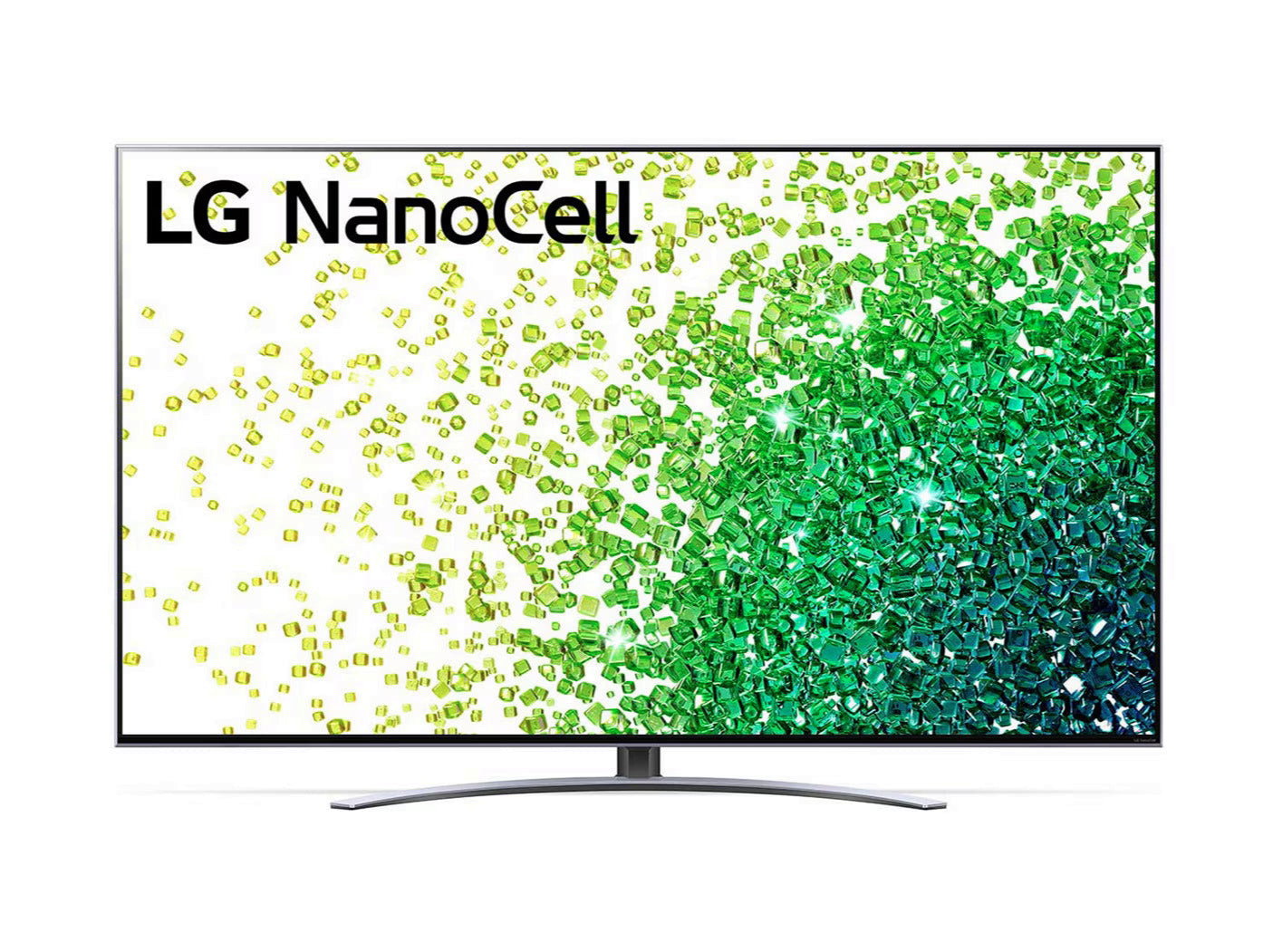 LG 55NANO883PB 4K Smart TV előlnézetben, talpon. A kijelzőn sárgás zöld drágakövek szétszórva és lg nanocell logó.