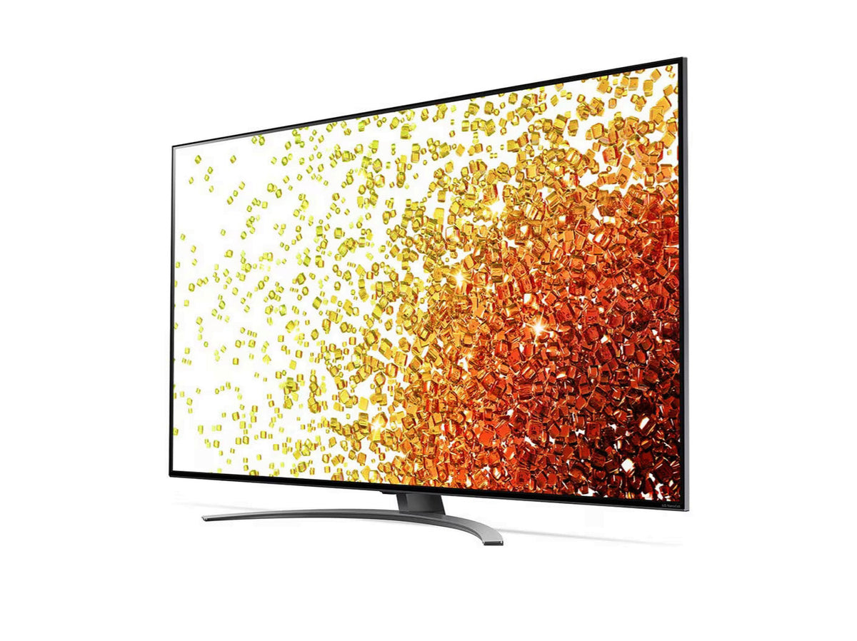 LG 55NANO923PB NanoCell 4K Smart TV előlnézetben enyhén balra fordítva, talpon. A kijelzőn sárgás piros drága kövek szétszórva.