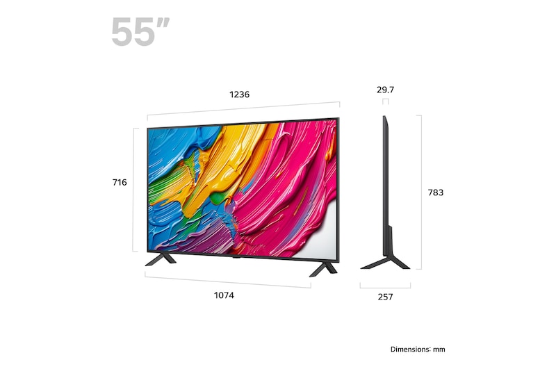 LG 55QNED80A televízió méretei mm-ben.