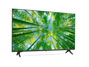 LG 55UQ8000 4K Smart TV előlnézetben enyhén jobbra fordítva, talpon. A kijelzőn sárgás zöld bambusz erdő.
