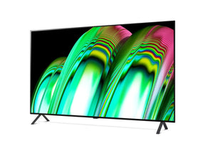 LG 65A2 OLED televízió előlnézetben enyhén balra fordítva talpon, a kijelzőn zöldes rózsaszín absztrakt ábra