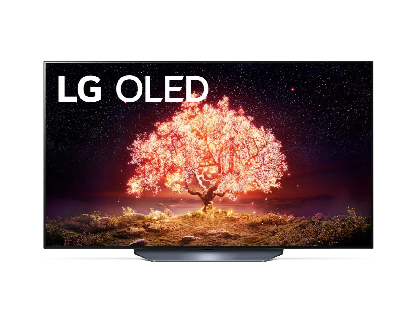 LG 65B1 OLED televízió előlnézetben talpon, a kijelzőn csillagos égbolt és narancssárgán világító fa.