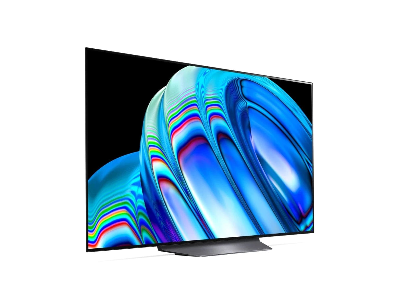 LG 65B2 OLED televízió előlnézetben jobbra fordítva talpon, a kijelzőn metál kék absztrakt ábra.