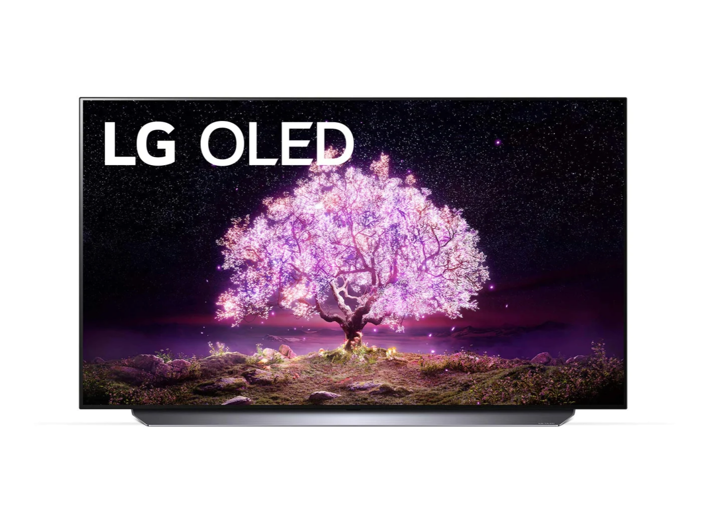 LG 65C1 OLED televízió előlnézetben talpon, a kijelzőn csillagos égbolt és rózsaszínben világító fa, oled logóval.