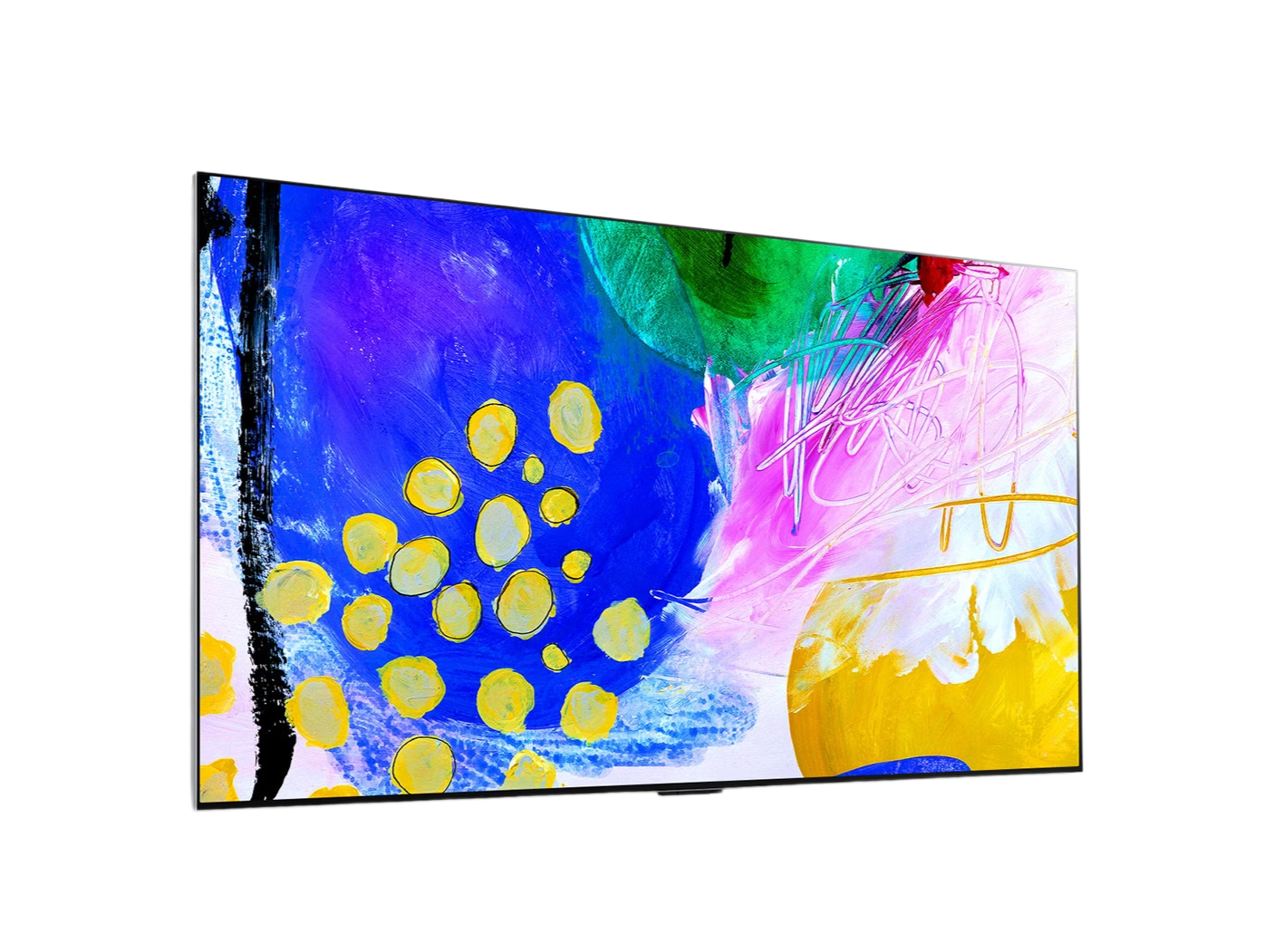 LG 65G2 OLED evo televízió előlnézetben enyhén jobbra fordítva, a kijelzőn színes festmény.