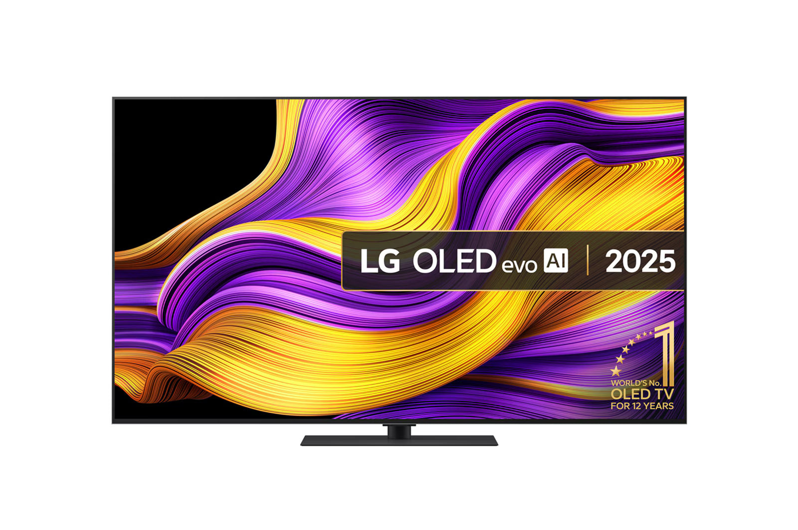 LG 65G5 OLED Televízió előlnézetben, talpon. A kijelzőn lg oled evo ai logó és 12 éve az első számú oled gyártó.