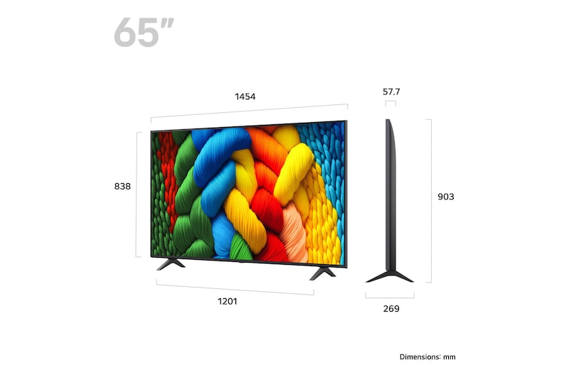 LG 65NANO80A televízió méretei mm-ben.