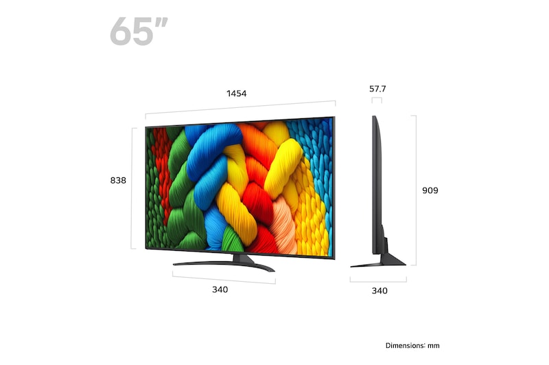 LG 65NANO81A televízió méretei mm-ben.