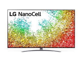 LG 65NANO963PA NanoCell 8K Smart TV előlnézetben, talpon. A kijelzőn színes drága kövek szétszórva és lg nanocell logó.