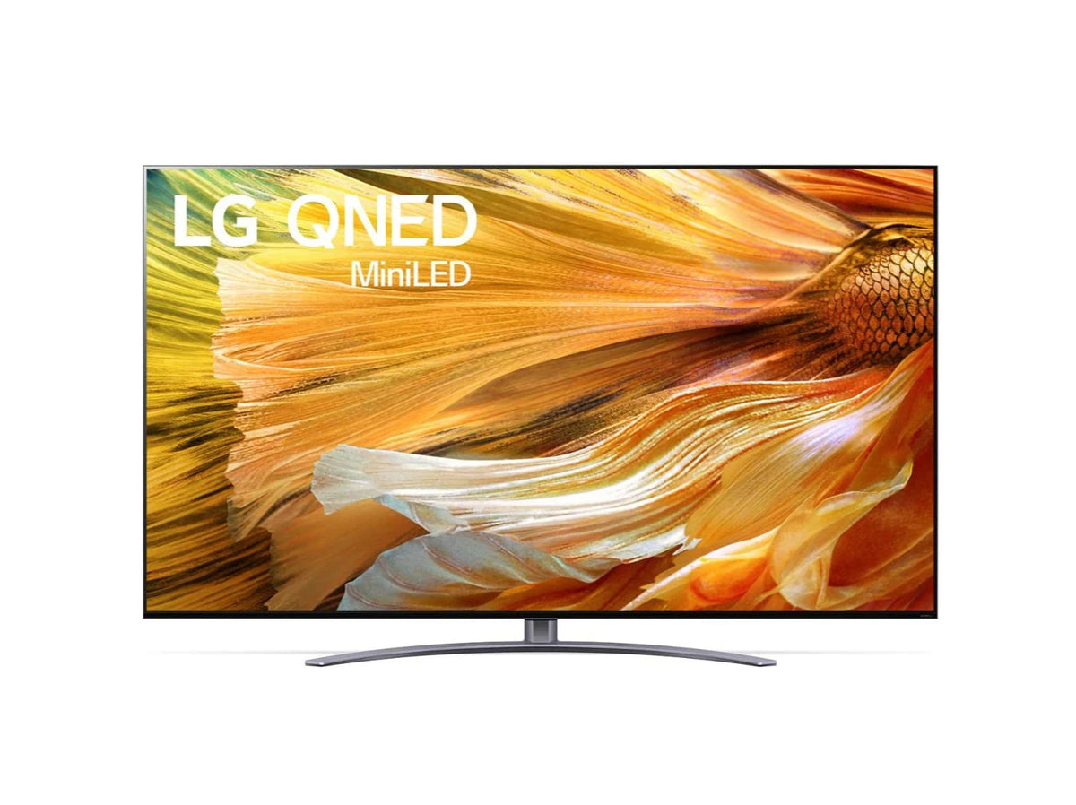LG 65QNED913PA 4K MiniLED Gaming TV előlnézetben, talpon. A kijelzőn sárgás árnyalatok keverednek és lg qned miniled logó.