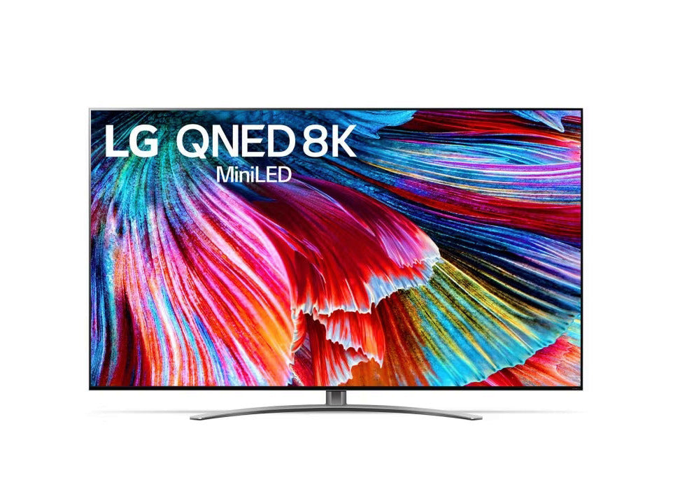 LG 65QNED993PB 8K MiniLED Gaming TV előlnézetben, talpon. A kijelzőn színes árnyalatok keverednek és lg qned 8k miniled logó.