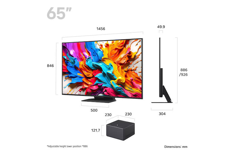 LG 65QNED9MA3B televízió és connect box méretei mm-ben.