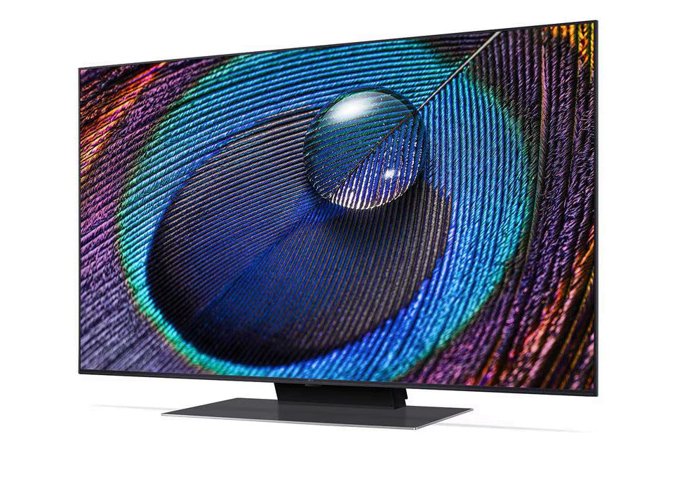 LG 65UR9100 4K Smart TV előlnézetben talpon, enyhén balra fordítva. A kjielzőn pasztel színes virág és vízcsepp.