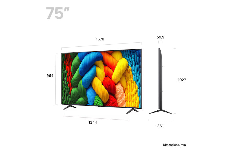 LG 75NANO80A televízió méretei mm-ben.