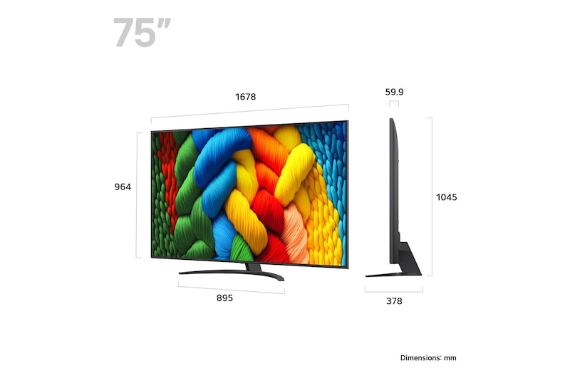 LG 75NANO81A televízió méretei mm-ben.