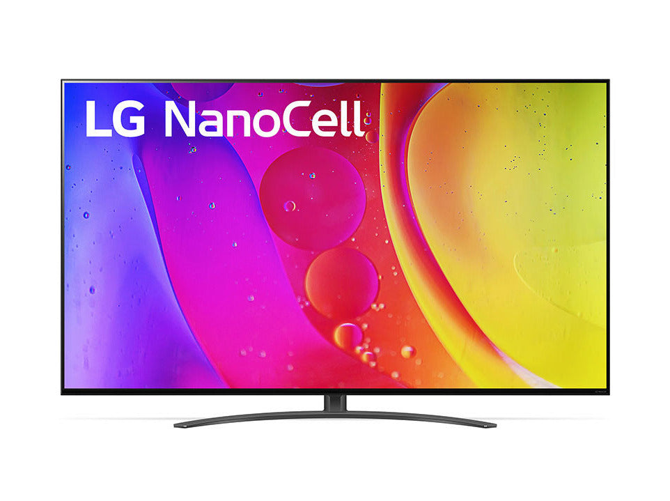 LG 75NANO823QB 4K NanoCell Smart TV előlnézetben, talpon. A kijelzőn színes folyadék keveréke és lg nanocell logó.