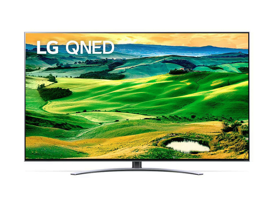 LG 75QNED823QB 4K MiniLED Gaming TV előlnézetben, talpon. A kijelzőn zöld dombos tájkép és lg qned logó.