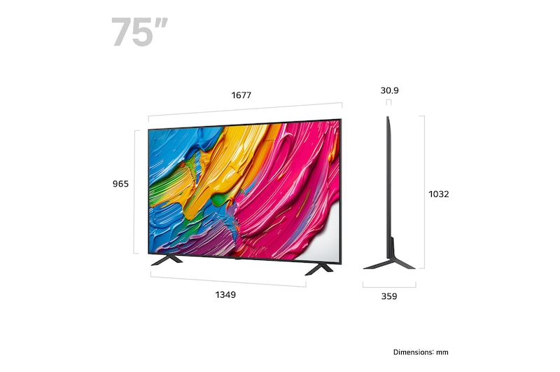 LG 75QNED80A televízió méretei mm-ben.